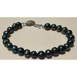 Blue Pearl Beaded Bracelet  silver filigree fishhook clasp Wedding